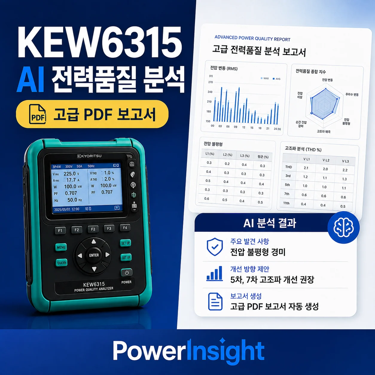 PowerInsight – AI 기반 전력품질 분석 및 고급 보고서 자동화 플랫폼 프로젝트 대표 화면